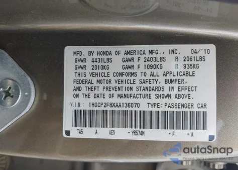 2010 Honda Accord 2.4 Ex-L from USA, damaged, VIN 1HGCP2F8XAA136070